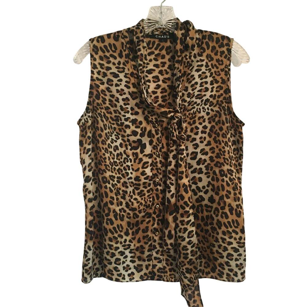 Chaus sleeveless blouse bow tie neck animal print